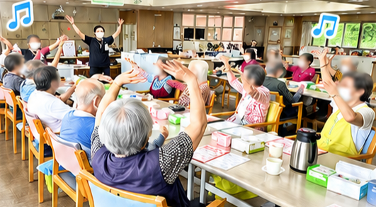 みんなで一緒に音楽に合わせて楽しく身体を動かし
